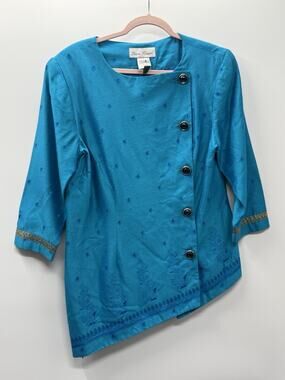 Laura Henson Womens Size 12 Teal Jacquard Asymmetrical Jacket Top Vintage